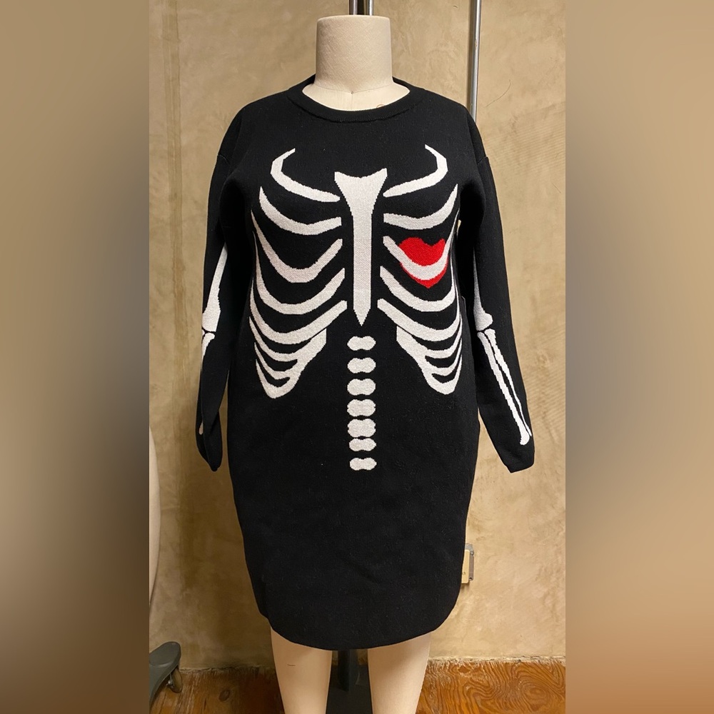 Modcloth Halloween Spooky Ribcage Skeleton Heart Black Sweater Dress